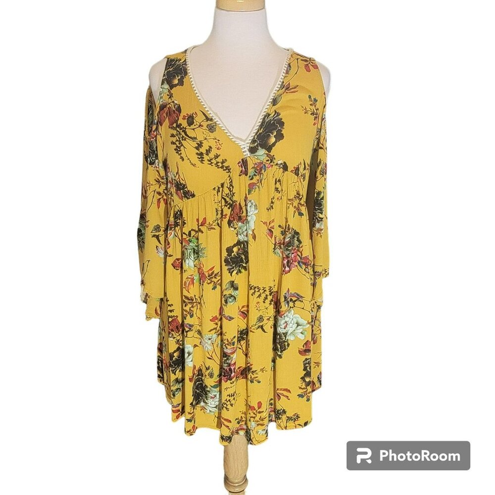 Umgee Tunic Top Women M, Yellow Floral Print, Cold Shoulder,Bell Sleeve, EUC